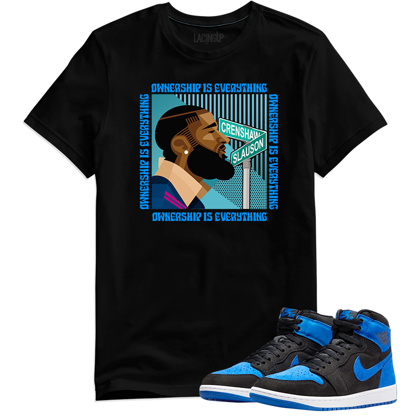 Jordan 1 Royal Suede ownership is everything black tee-Lacing Up
