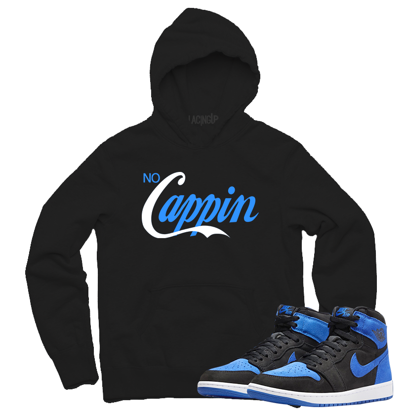 Jordan 1 Royal Suede Cappin black hoodie-Lacing Up
