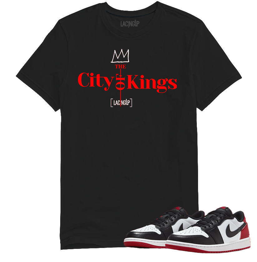 Jordan 1 low black toe city of the kings black tee-Lacing Up
