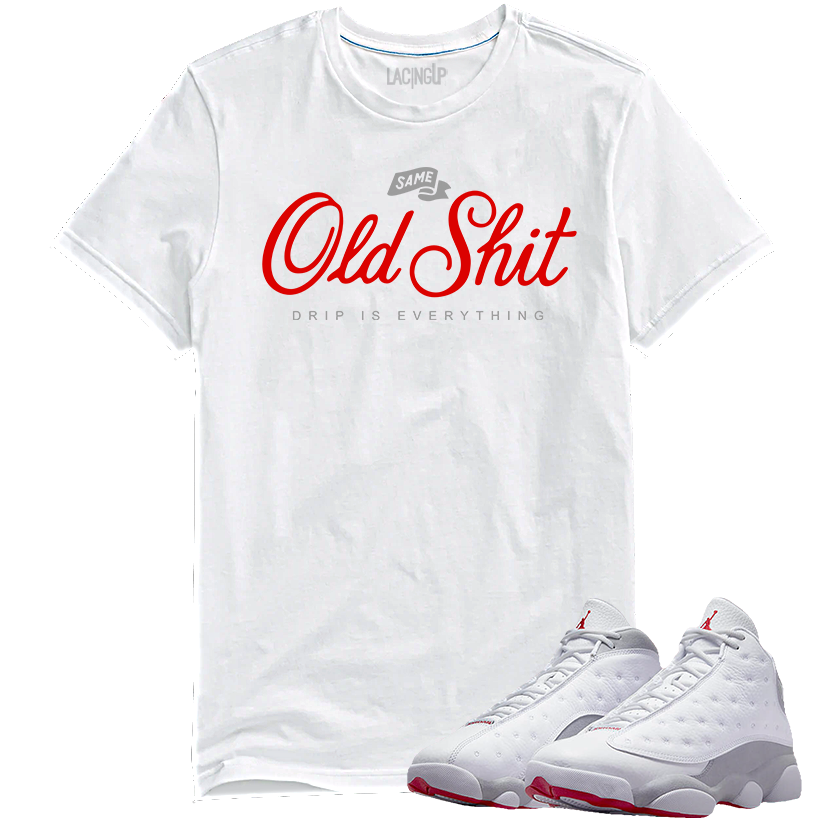 Jordan 13 wolf grey old shit white tee-Lacing Up