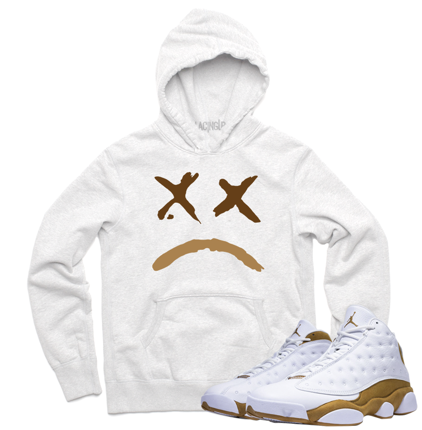 Jordan 13 wheat sad face white hoodie-Lacing Up