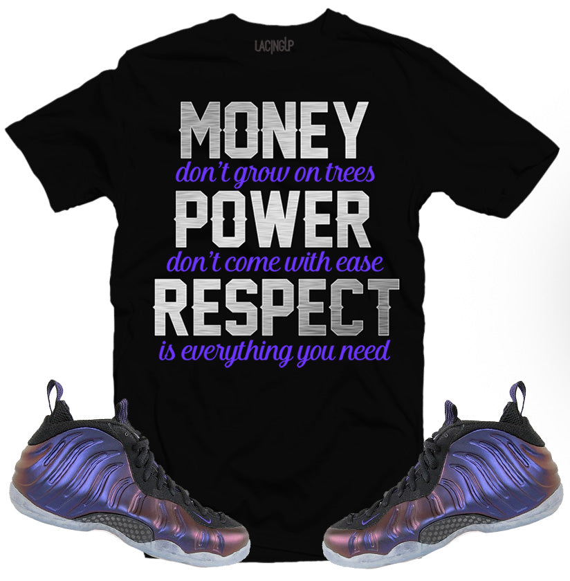 Foamposite "Eggplant" Money power respect black tee-Lacing Up