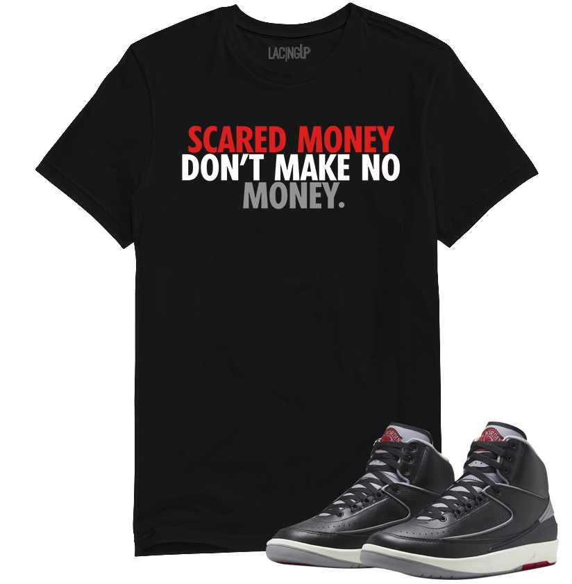 Jordan 2 Black Cement scared money black tee-Lacing Up