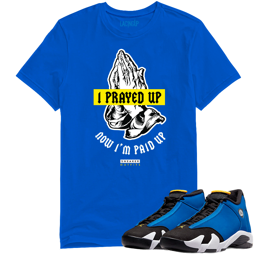 Jordan 14 laney prayed up royal tee-Lacing Up