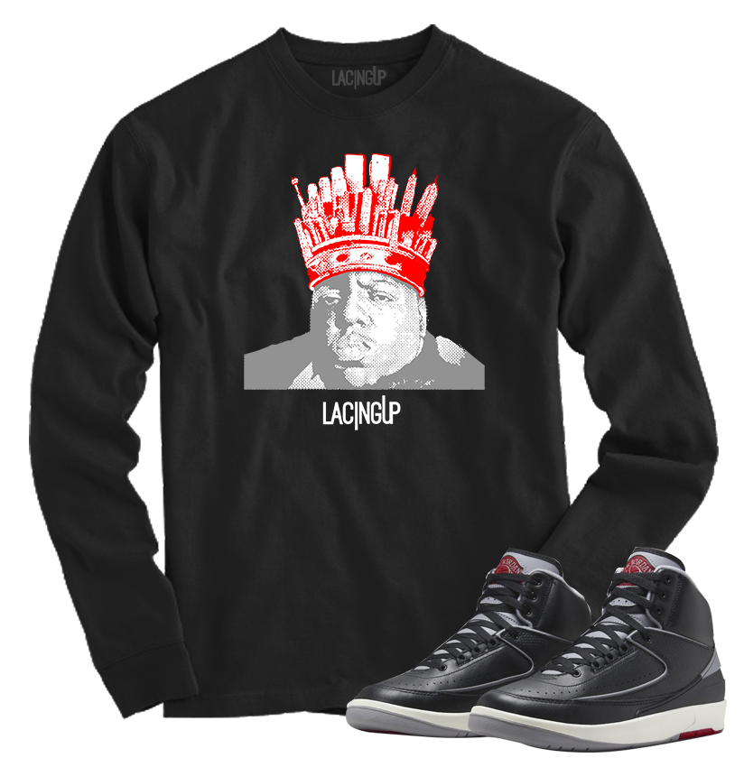 Jordan 2 Black cement king black long sleeve tee-Lacing Up