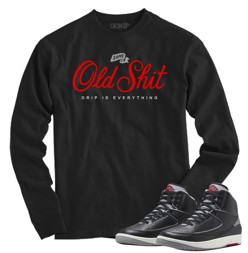 Jordan 2 Black Cement old shit black long sleeve tee-Lacing Up