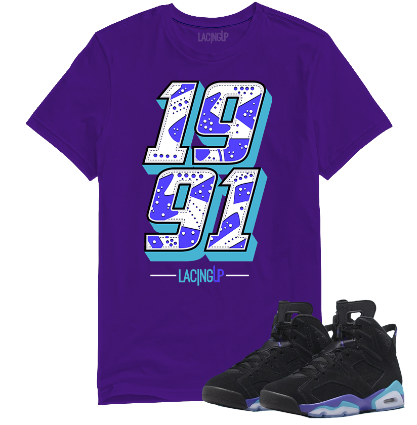 Jordan 6 Aqua 1991 Purple Tee Lacing Up | SneakerOutfits