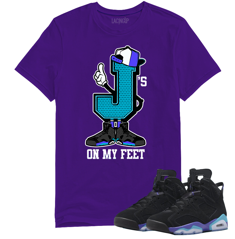Jordan 6 Aqua On-Foot | Purple Tee Shirt | SneakerOutfits