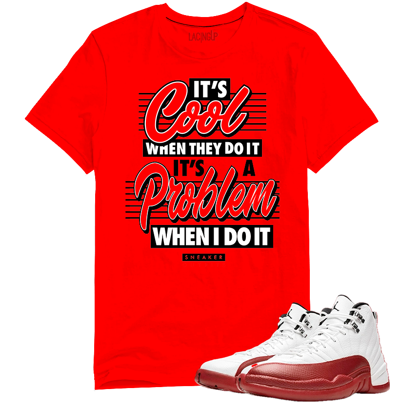 Jordan 12 Cherry Problem red tee-Lacing Up