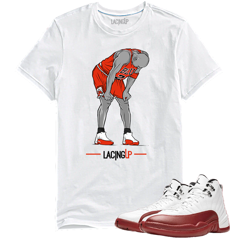 Jordan 12 Cherry flu game white tee-Lacing Up