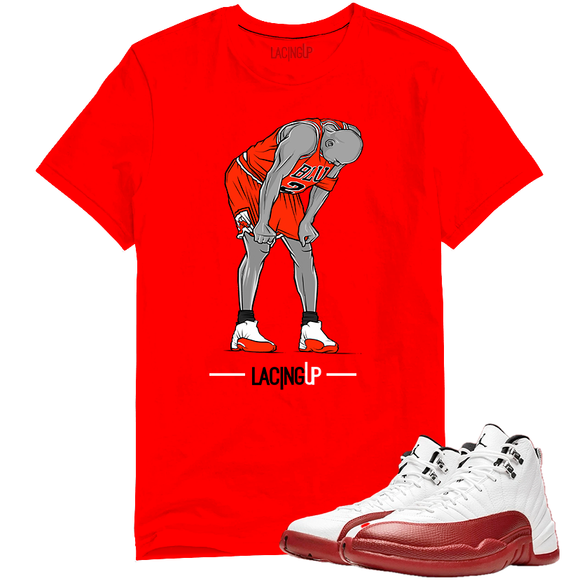 Jordan 12 Cherry Flu game red tee-Lacing Up