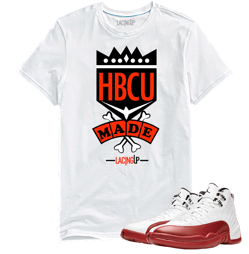 Jordan 12 Cherry HBCU made white tee-Lacing Up