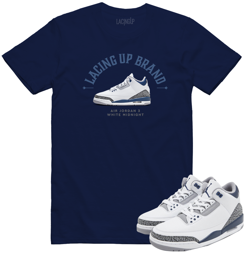Jordan 3 white navy cement Lacing Up Brand print navy tee-Lacing Up