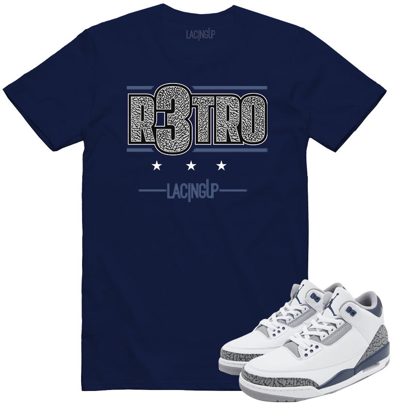 Jordan 3 white navy cement R3TRO navy tee-Lacing Up