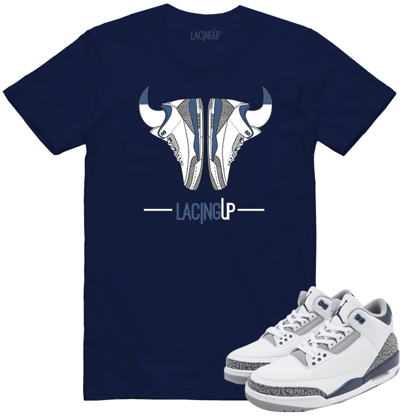 Jordan 3 white navy cement horns navy tee-Lacing Up