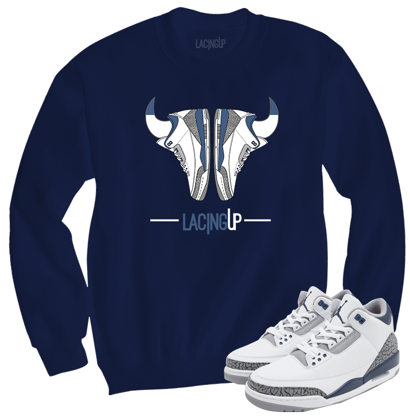 Jordan 3 white navy cement navy horns crewneck sweater-Lacing Up