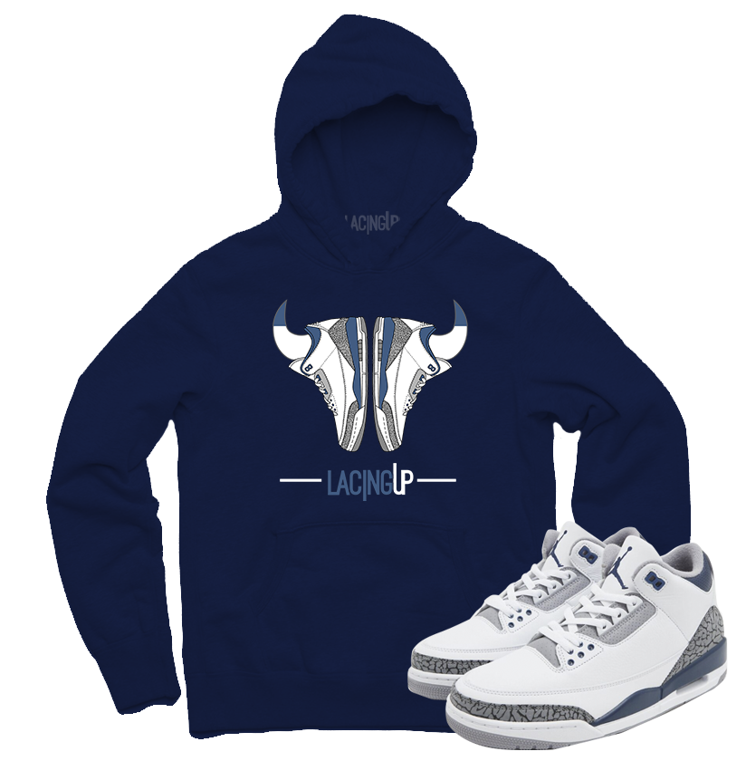 Jordan 3 white navy cement horns navy hoodie-Lacing Up