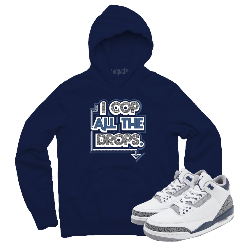 Jordan 3 white navy cement cop all drops navy hoodie-Lacing Up
