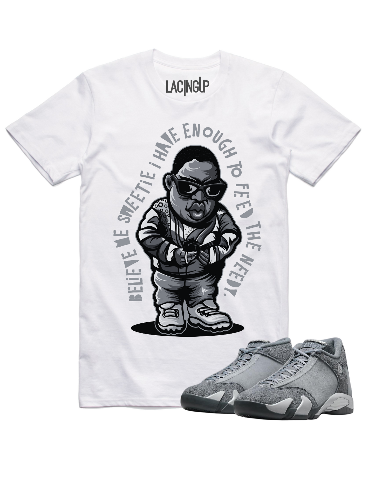 Jordan 14 Flint Grey Needy white tee-Lacing Up