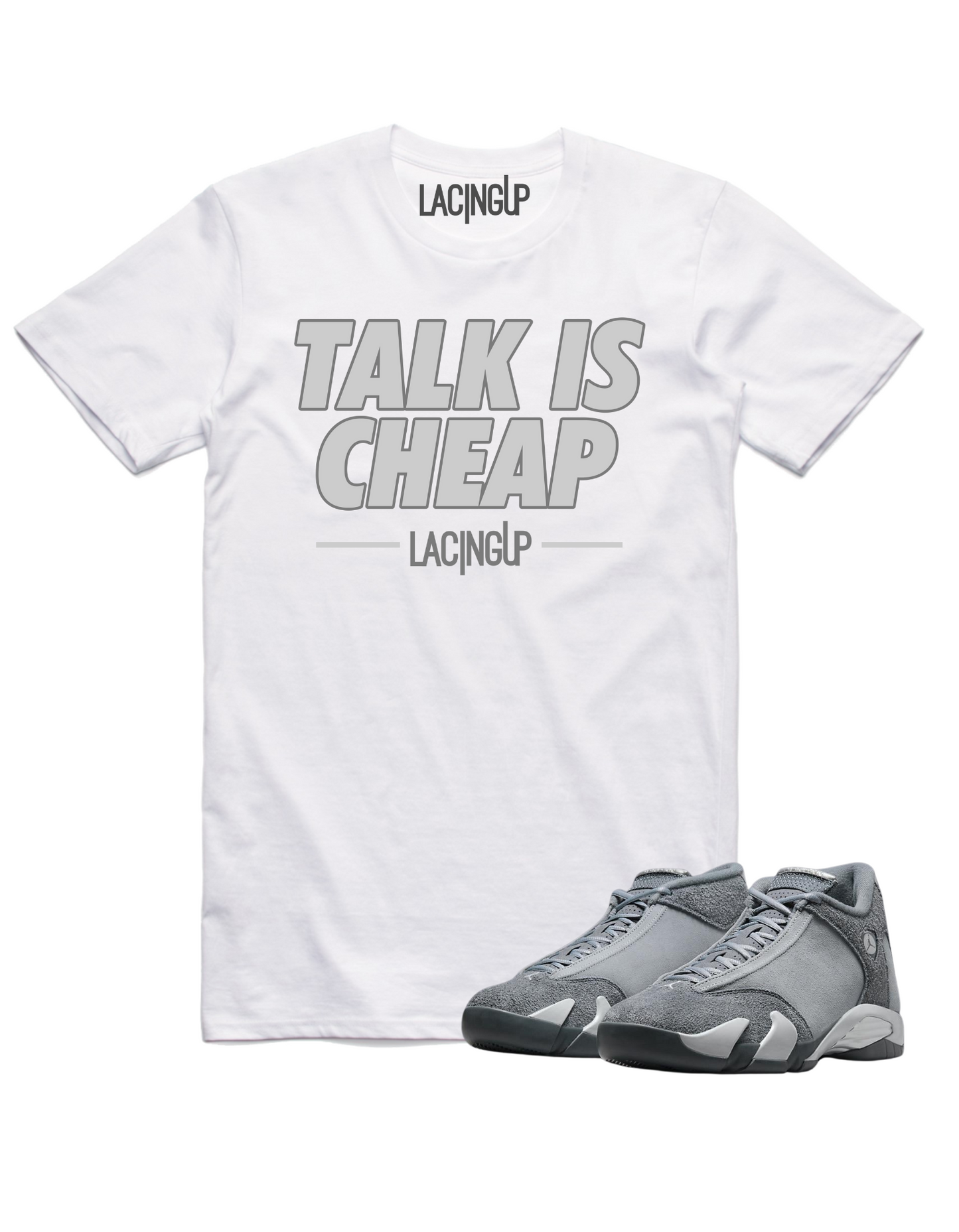 Jordan 14 Flint Grey cheap white tee-Lacing Up