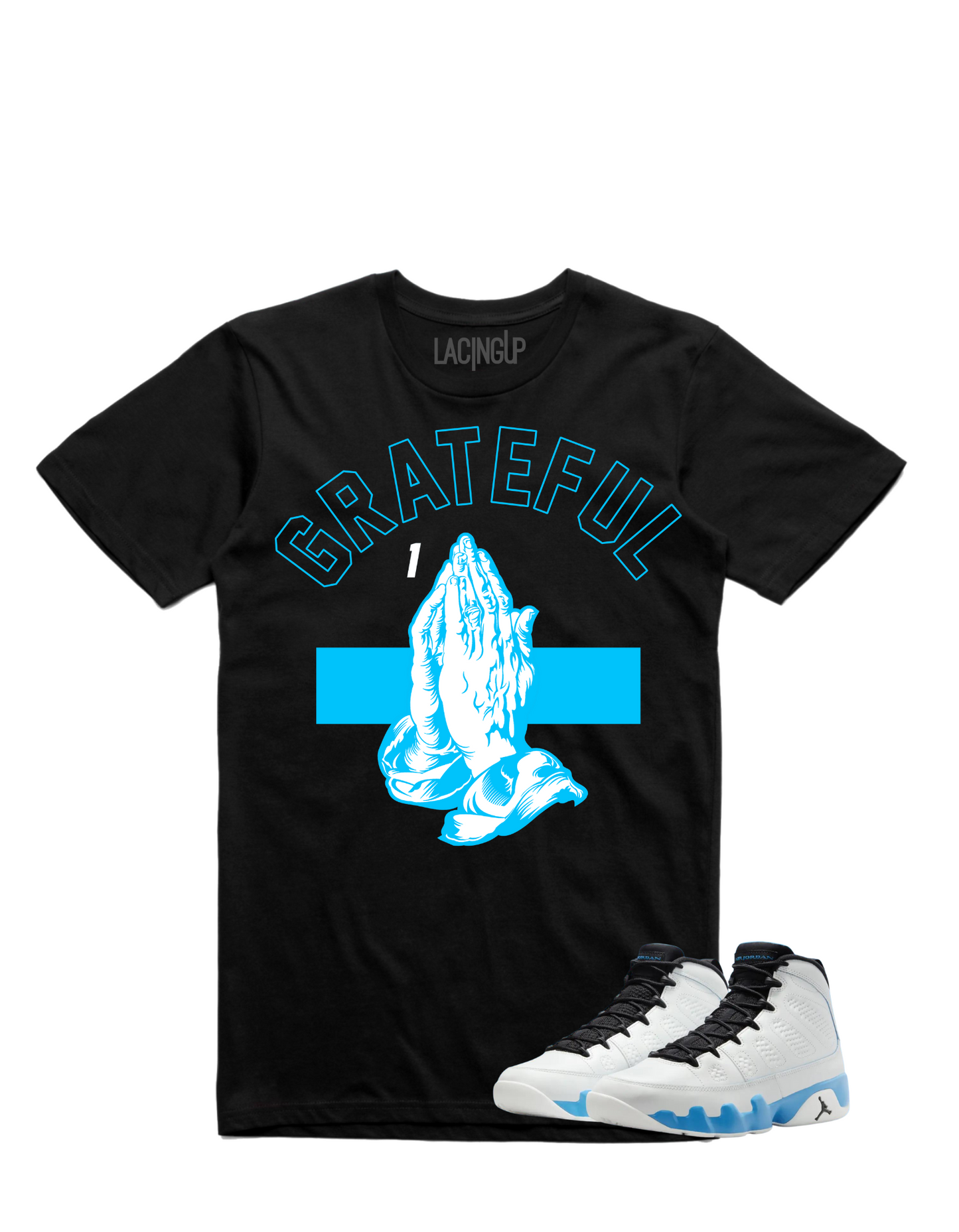 Jordan 9 Powder blue grateful black tee-Lacing Up
