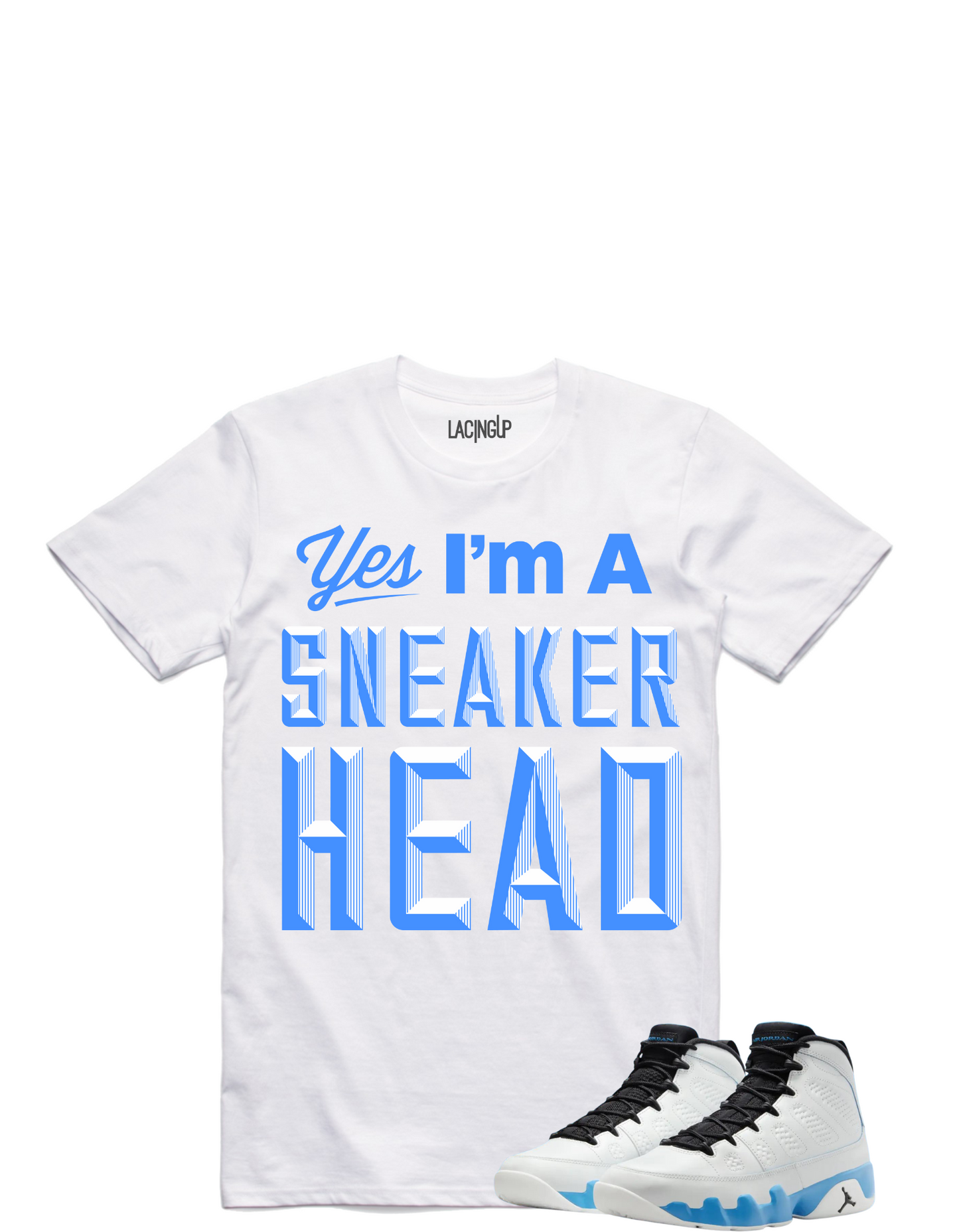 Jordan 9 Powder Blue sneaker head white tee-Lacing Up