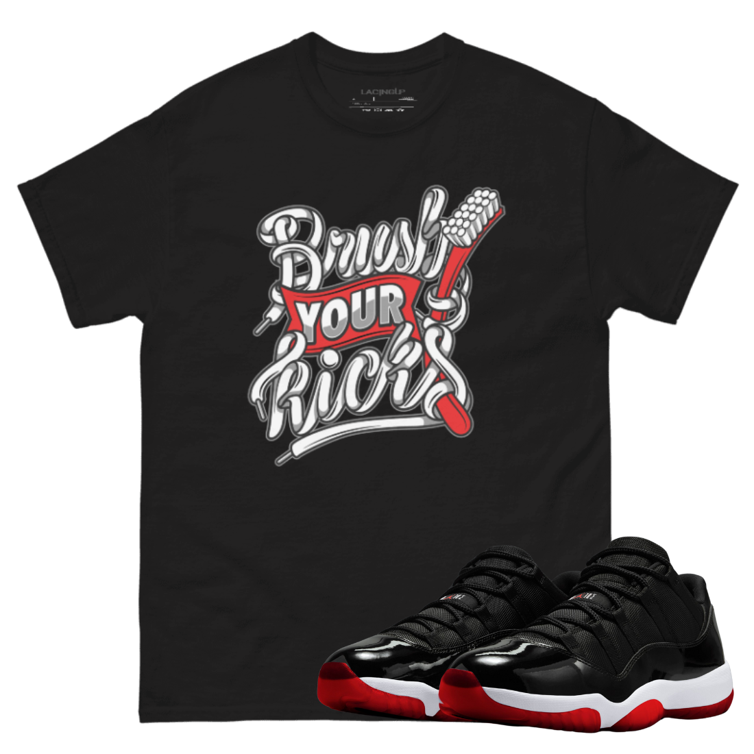 Jordan 11 low bred brush your kicks black t-shirt