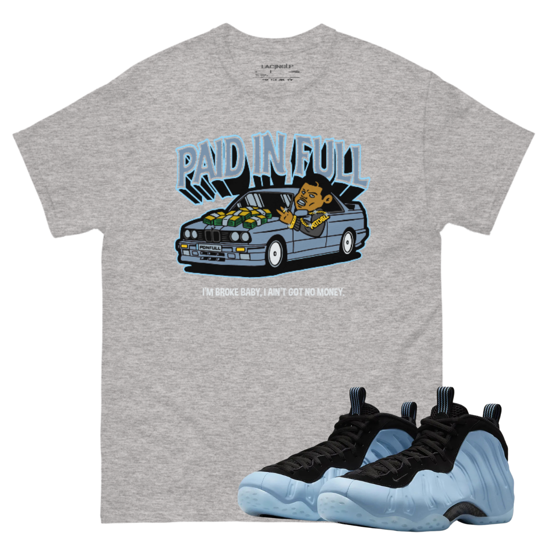 Air Foamposite One “Psychic Blue” paid in full sports grey t-shirt