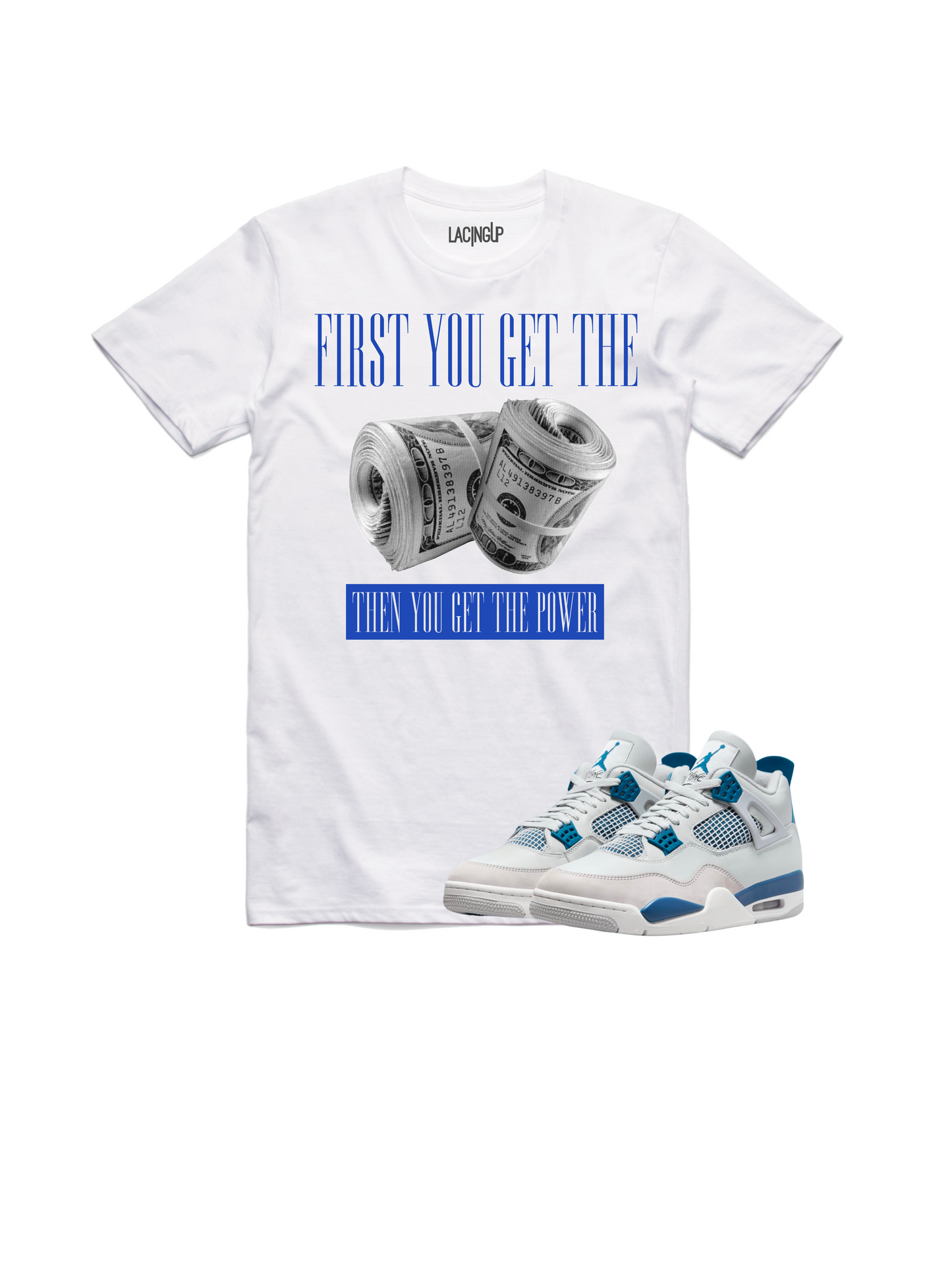 Jordan 4 Military Blue power white tee-Lacing Up