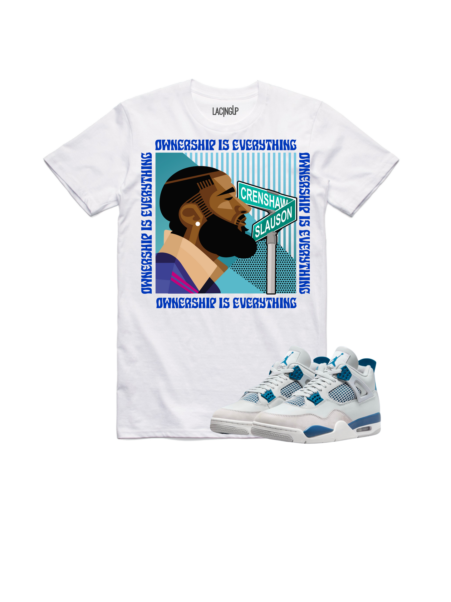 Jordan 4 Military Blue ownership white tee-Lacing Up