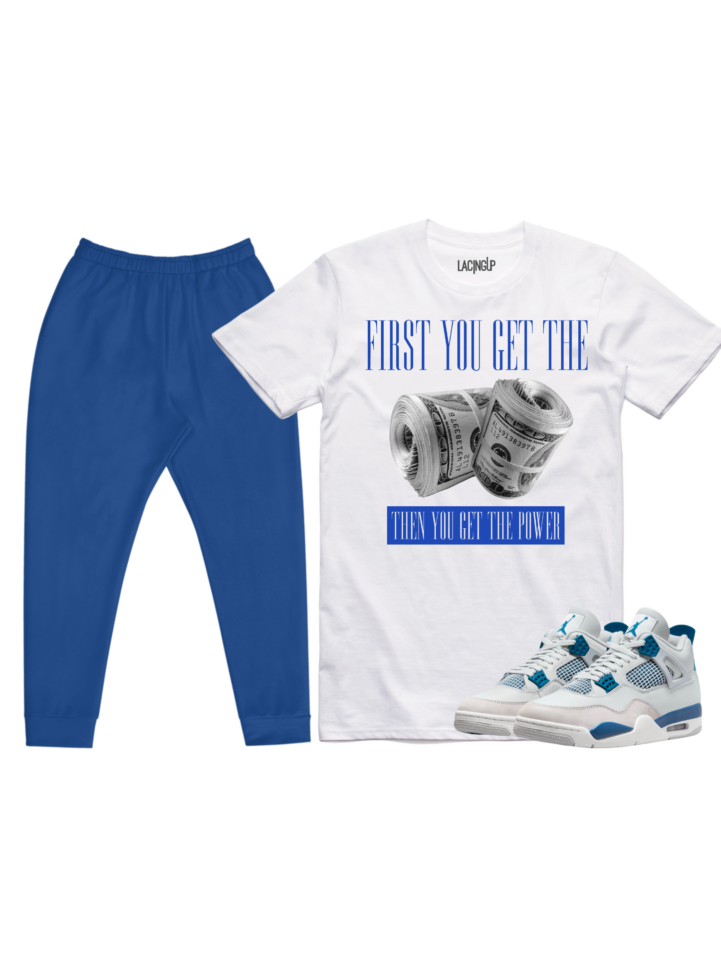 Jordan 4 Military SneakerOutfit Power white tee/ Jogger set