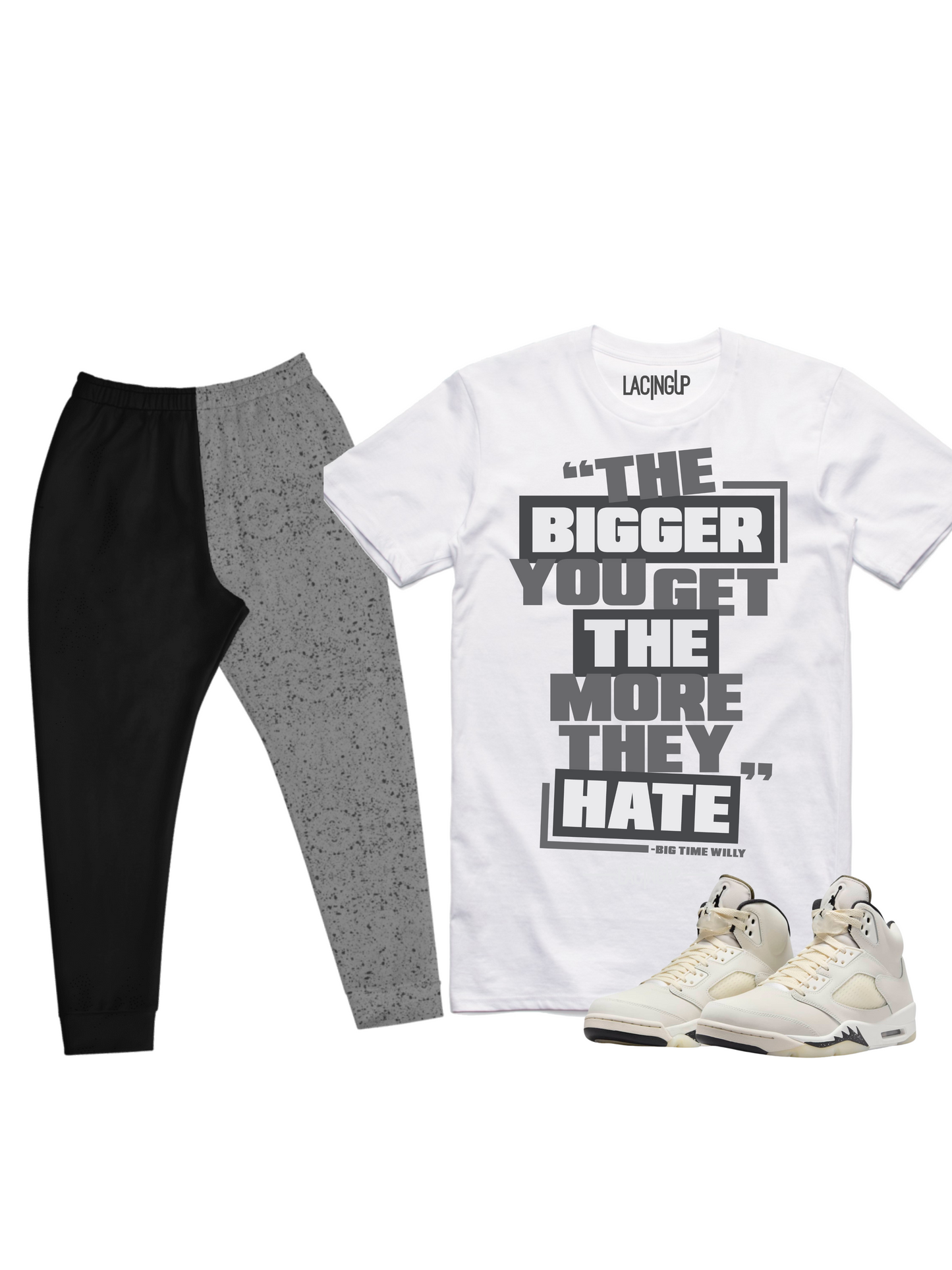 Jordan 5 Sail Orewood hate set white tee/ Joggers.