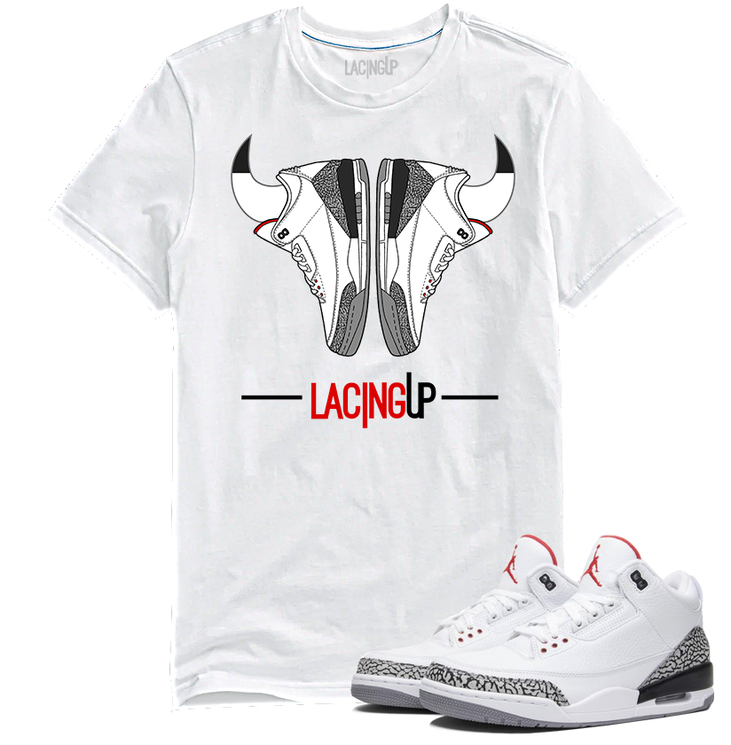 Jordan 3 white cement reimagined "88 horns white tee-Lacing Up