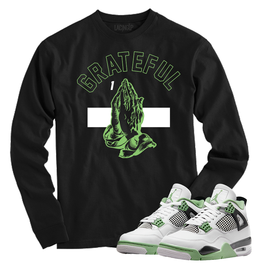 Jordan 4 Seafoam Oil Green grateful black long sleeve t-shirt-Lacing Up