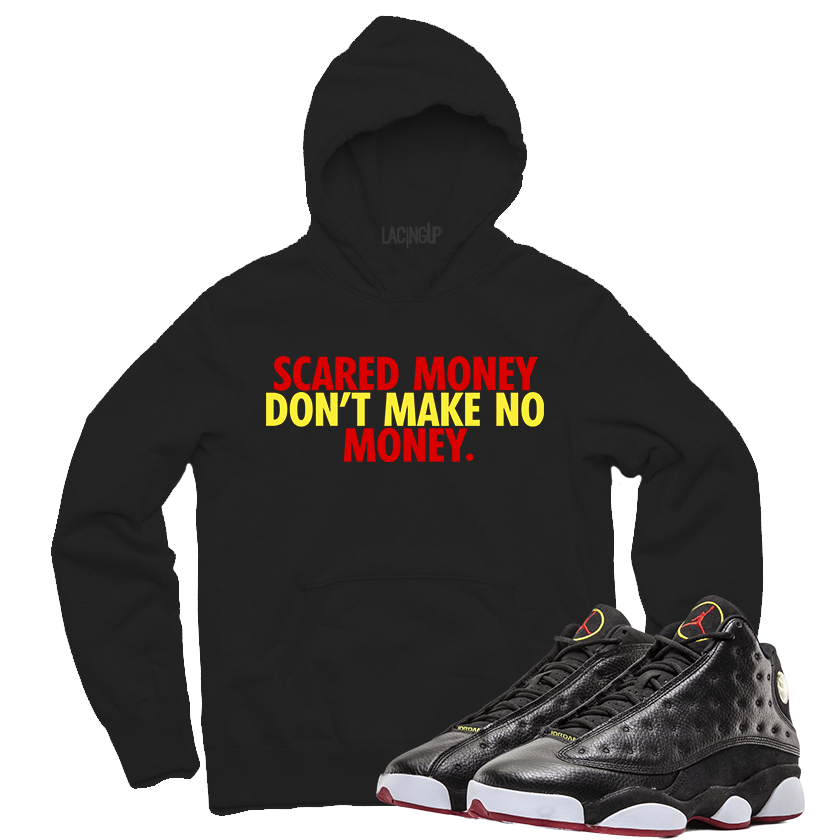 Jordan 13 playoffs scared money black hoodie-Lacing Up