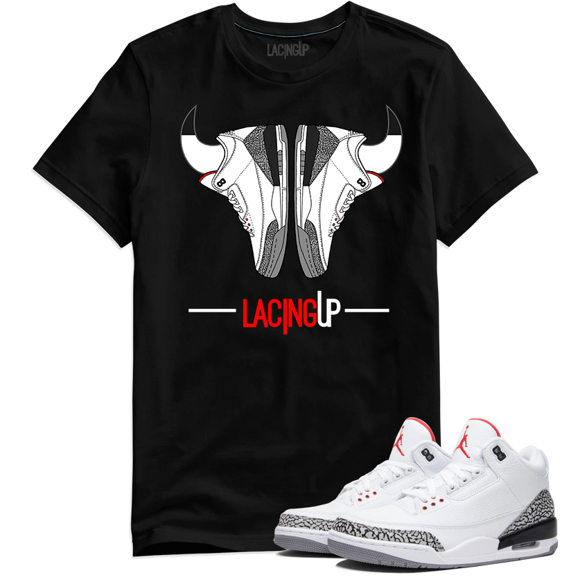Jordan 3 white cement reimagined horns black tee-Lacing Up