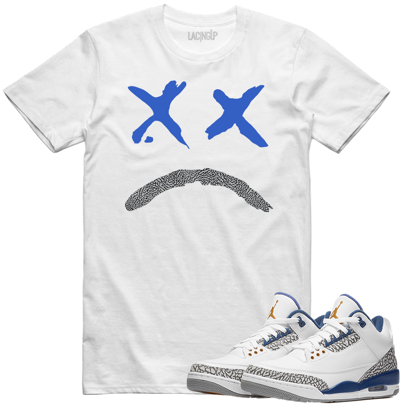 Jordan 3 wizard sad face white tee-Lacing Up