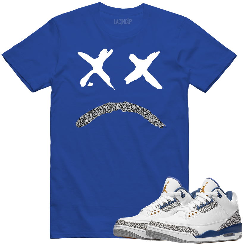 Jordan 3 wizard sad face blue tee-Lacing Up