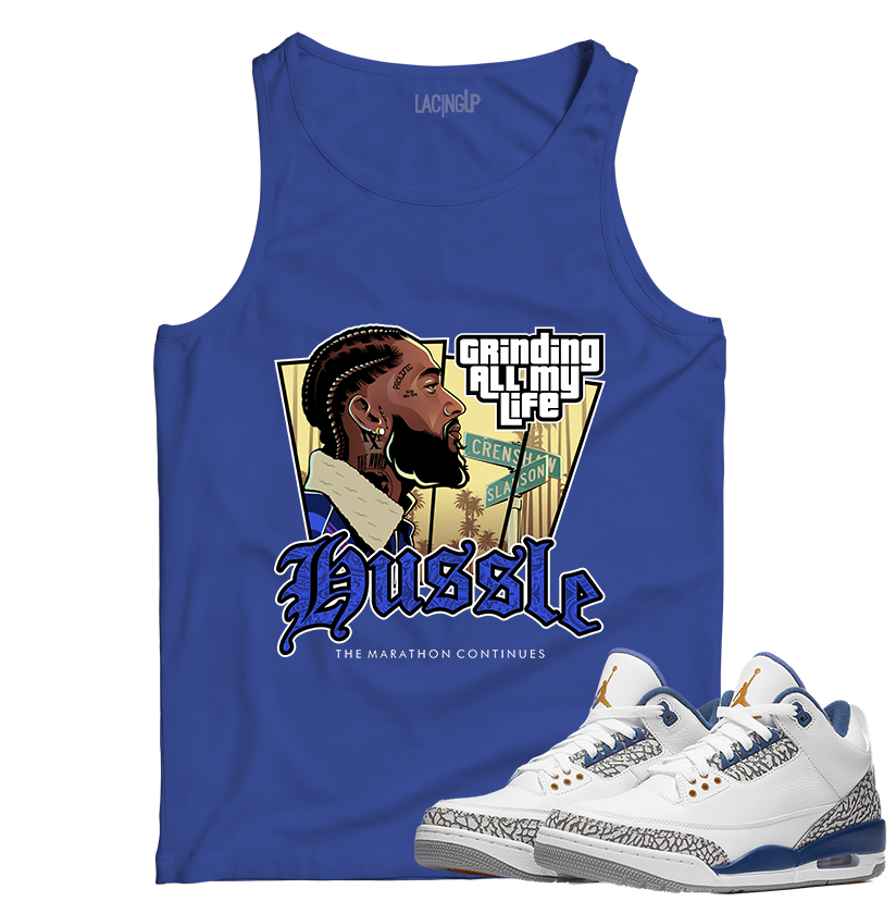 Jordan 3 wizard hussle royal blue tank top-Lacing Up