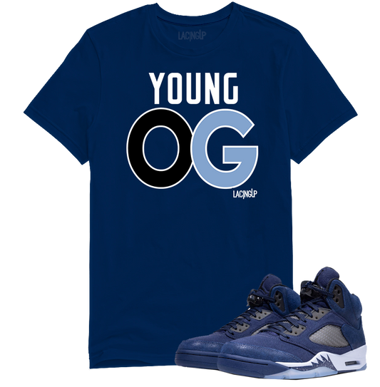 Jordan 5 Midnight Navy young og navy tee-Lacing Up