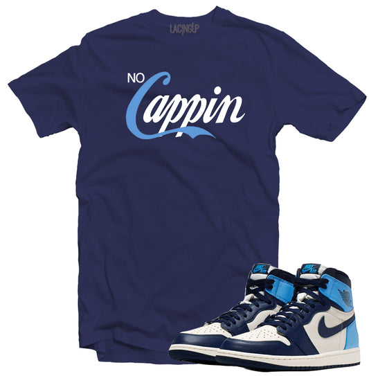 Jordan 1 low obsidian no cappin navy tee