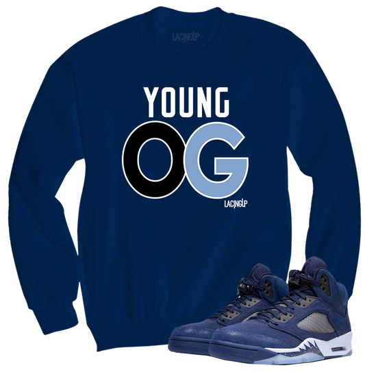 Jordan 5 Midnight Navy young og navy blue crewneck sweater-Lacing Up