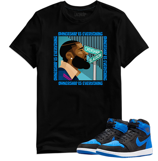 Jordan 1 Royal Suede ownership is everything black tee-Lacing Up