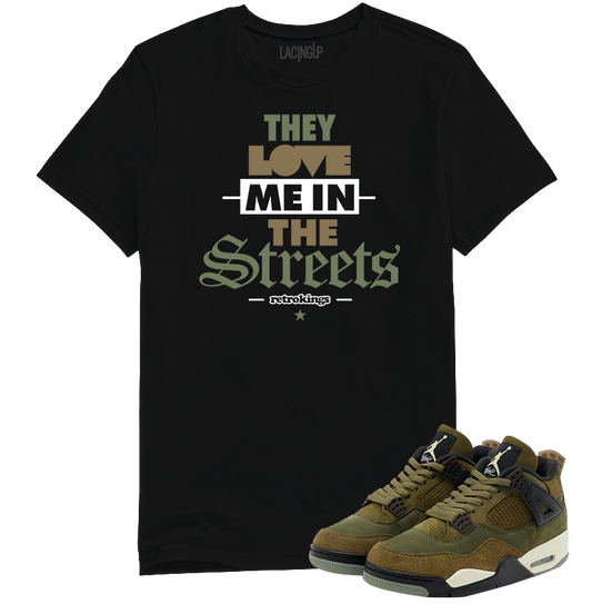 Jordan 4 Olive craft streets black tee-Lacing Up