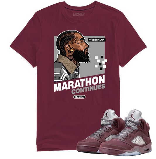 Jordan 5 Burgundy marathon burgundy tee-Lacing Up
