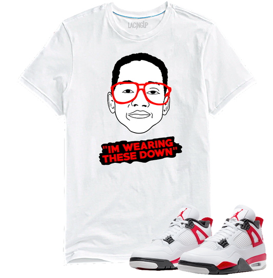 Jordan 4 red cement wearing down white tee-Lacing Up
