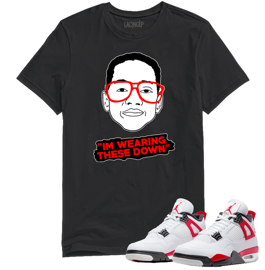 Jordan 4 red cement wearing down black tee-Lacing Up
