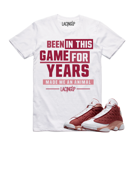 Jordan 13 Dune Red animal white tee-Lacing Up