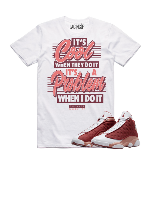 Jordan 13 Dune Red problems white tee-Lacing Up