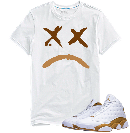 Jordan 13 wheat Sad face white tee-Lacing Up